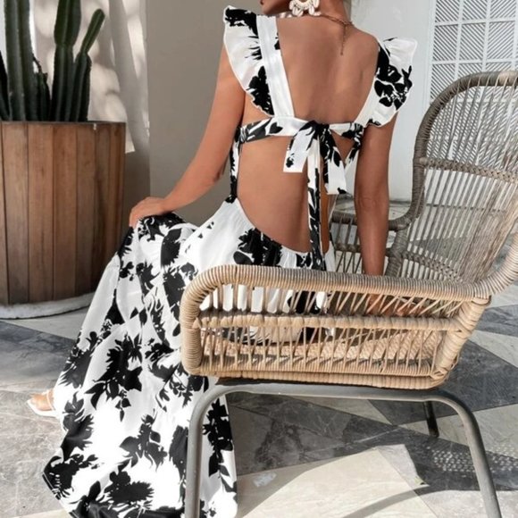 . Dresses & Skirts - black floral butterfly sleeve ruffle hem tie back dress